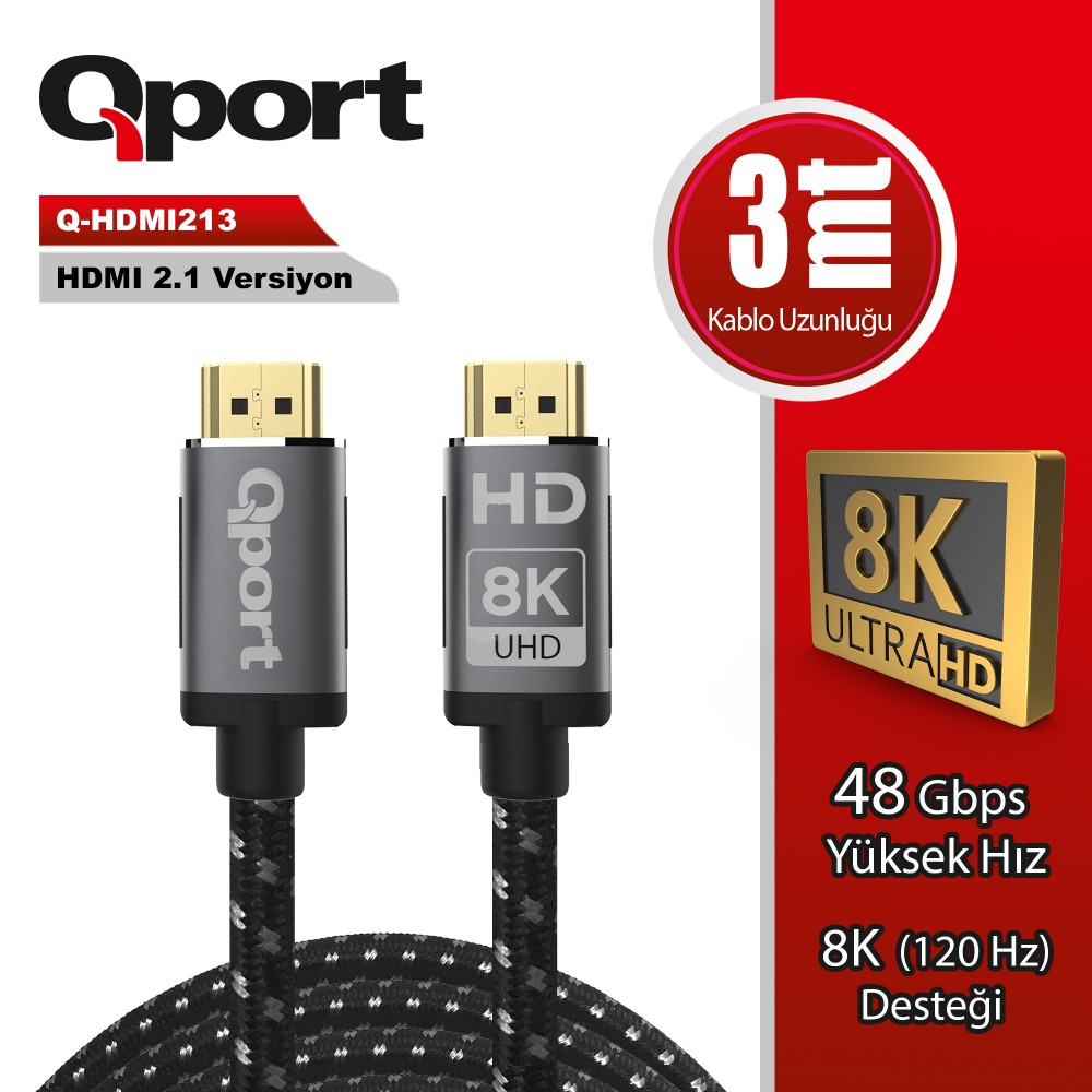 QPORT 3M HDMI 2.1V 8K ALTIN UÇLU ÖRGÜLÜ KABLO (Q-HDMI213)