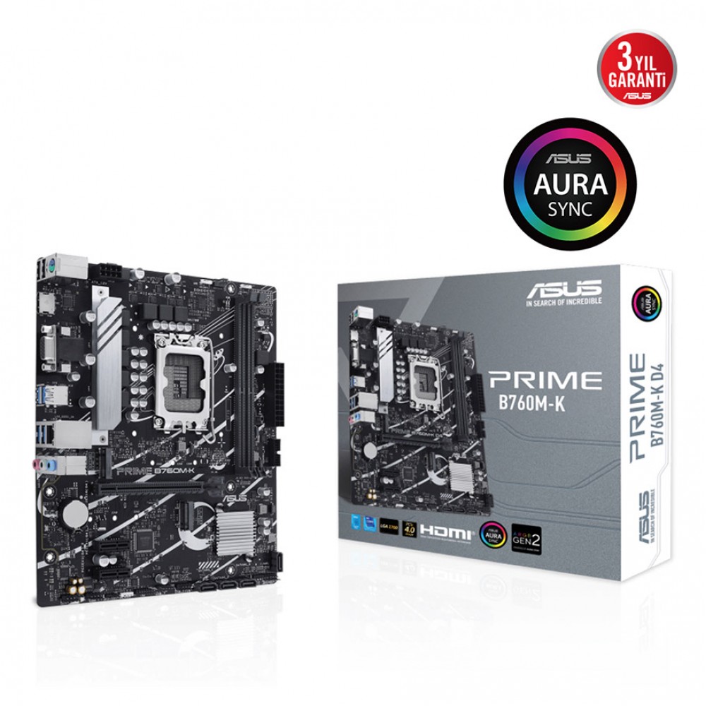ASUS PRIME B760M-K Intel B760 LGA1700 DDR5 8000 HDMI VGA Çift M2 USB3.2 AURA RGB