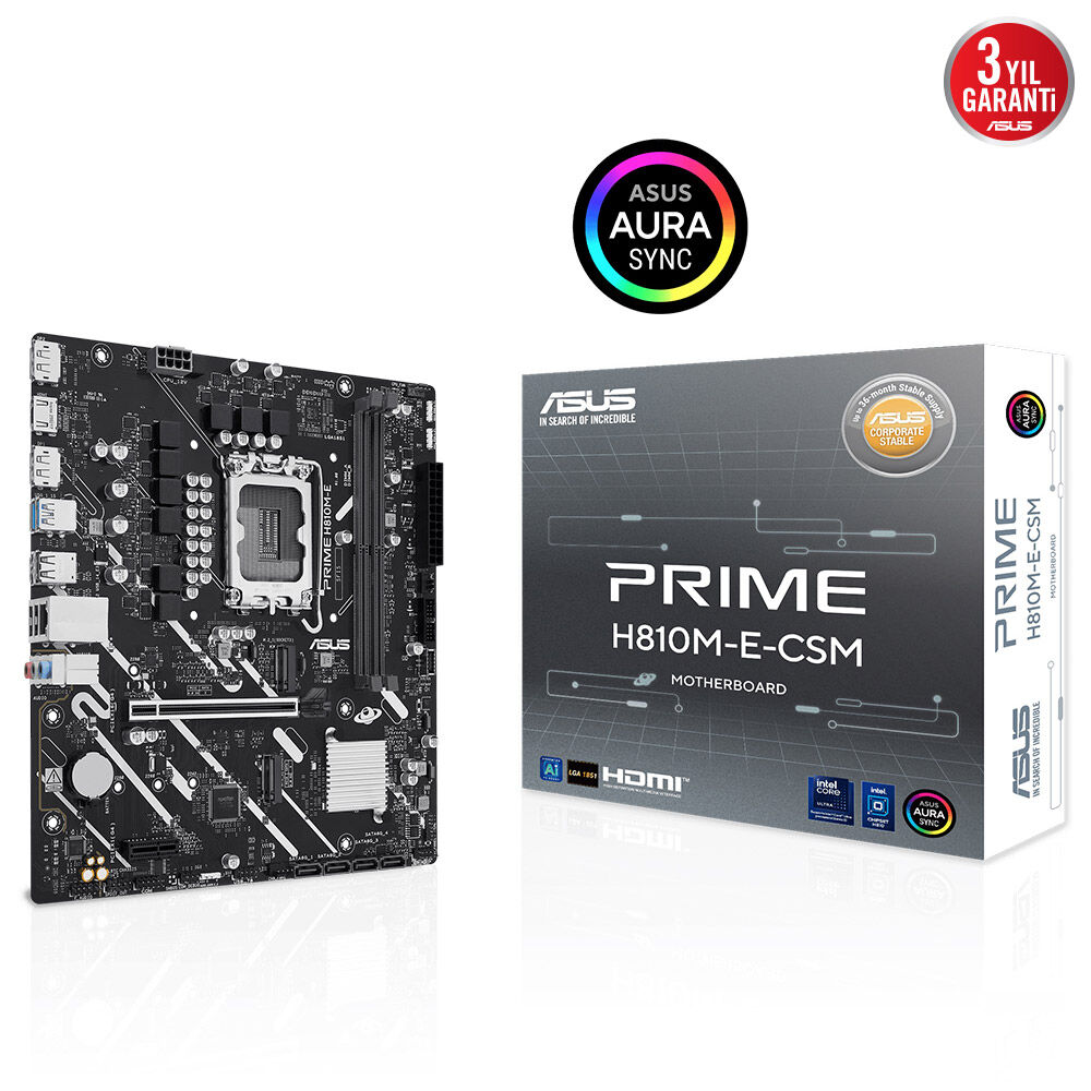 ASUS PRIME H810M-E-CSM LGA1851 DDR5 6400 2xDP HDMI Çift M2 USB3.2 AURA RGB mATX
