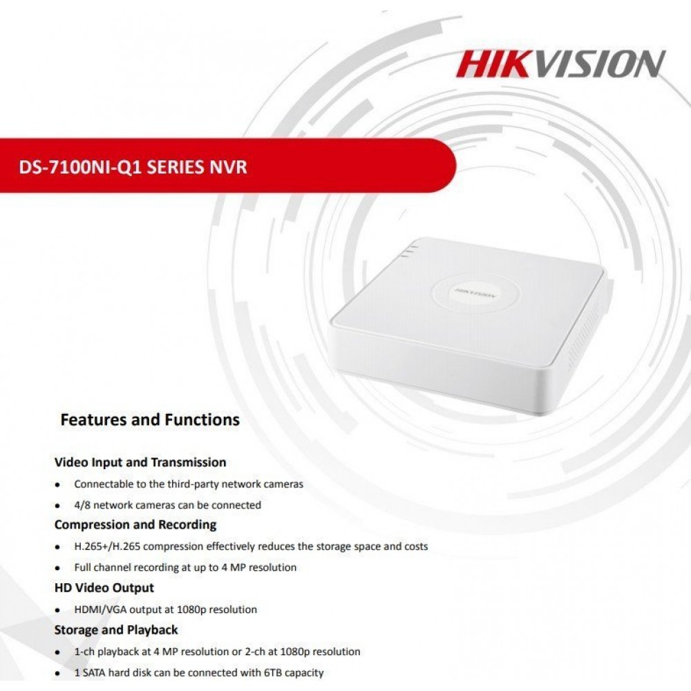 DS-7104NI-Q1/4P/M / HIKVISION. DS-7104NI-Q1/4P/M 4 Kanal NVR (H.265+, 4 Port POE)