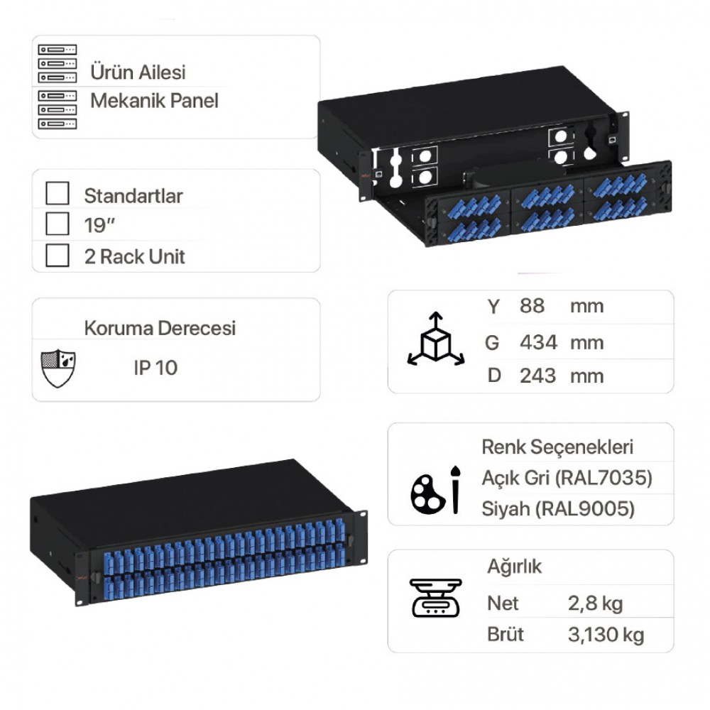 EratSlide 2U 19" 48 Port SC Duplex Rack Tipi Patch Panel, Boş