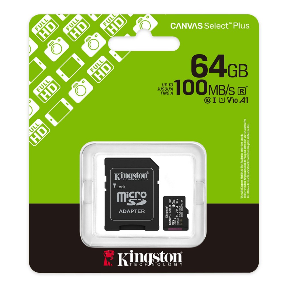 KINGSTON 64GB Canvas Select Plus MicroSDXC Class 10 Gen3 100MB/s A1 Card + Adapt