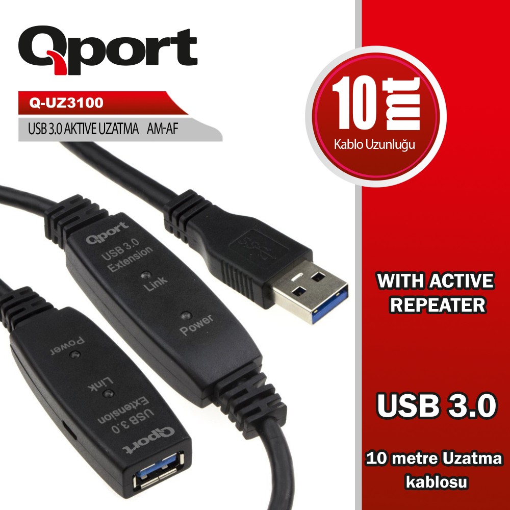 QPORT 10M USB3.0 AKTİF UZATMA KABLOSU REPEATERLI (Q-UZ3100)