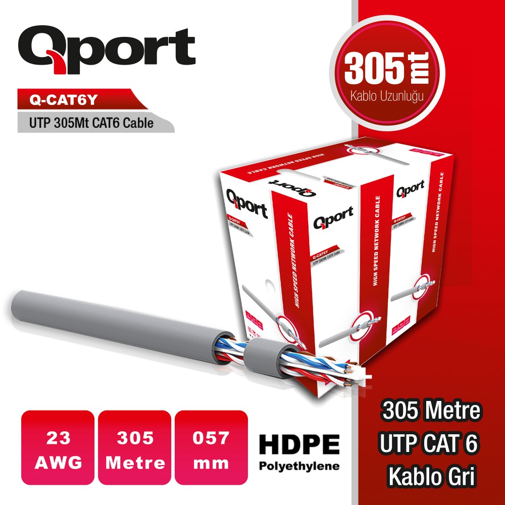 QPORT 305M 23AWG 0,57MM GRİ CAT6 UTP PE KABLO (Q-CAT6Y)