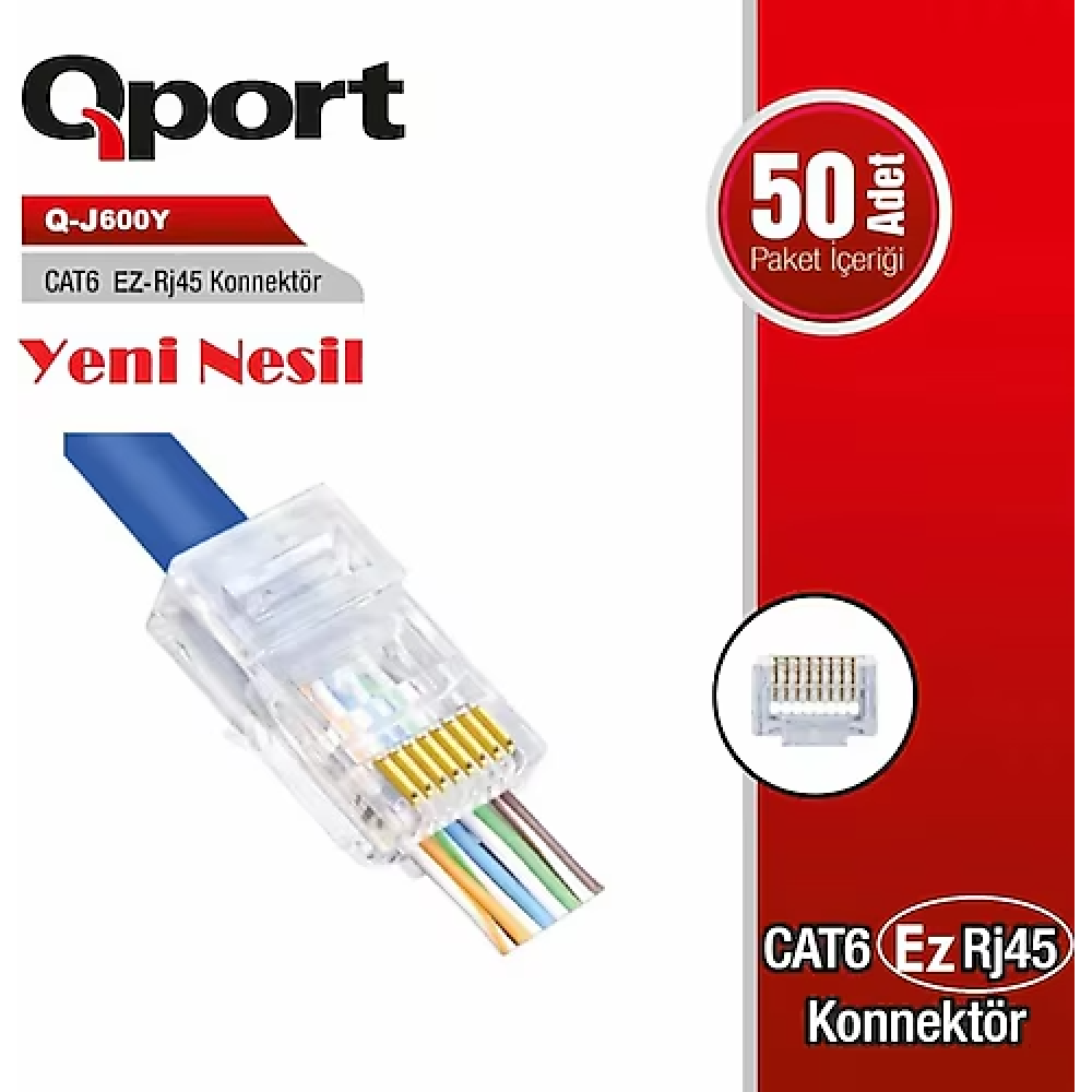 QPORT CAT6 (50Lİ PAKET) EZ-RJ45 YENİ NESİL KONNEKTÖR (Q-J600Y)