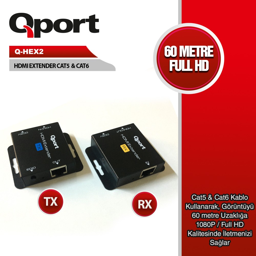 QPORT HDMI EXTENDER CAT6 60M 2 Lİ PAKET (ADAPTÖR DAHİL) (Q-HEX2)