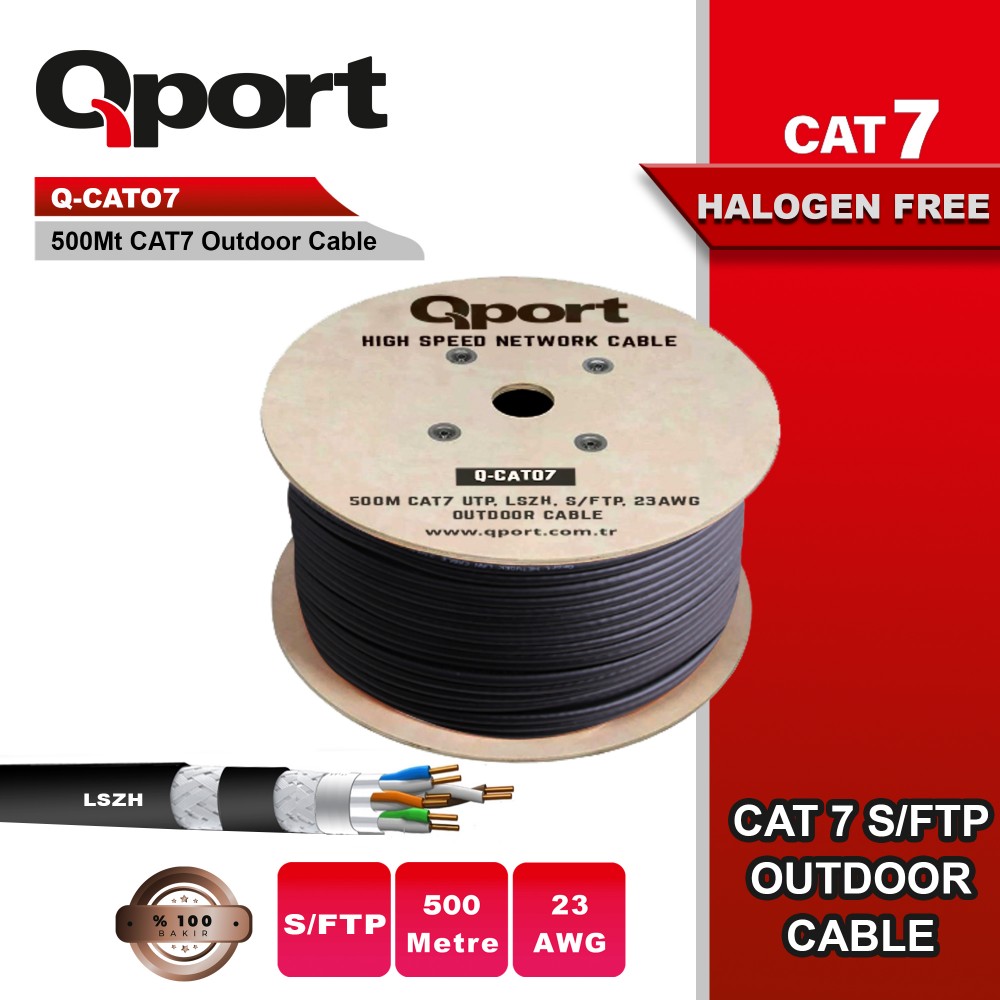 QPORT S/FTP 500M FULL BAKIR,  23AWG CAT7 SİYAH KABLO LSOH (HALOGEEN FREE)