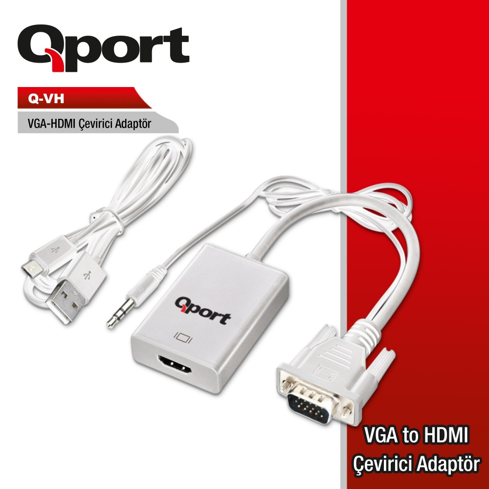 QPORT VGA to HDMI ÇEVİRİCİ + SES KABLOSU (VGA + HDMI -) (Q-VH)