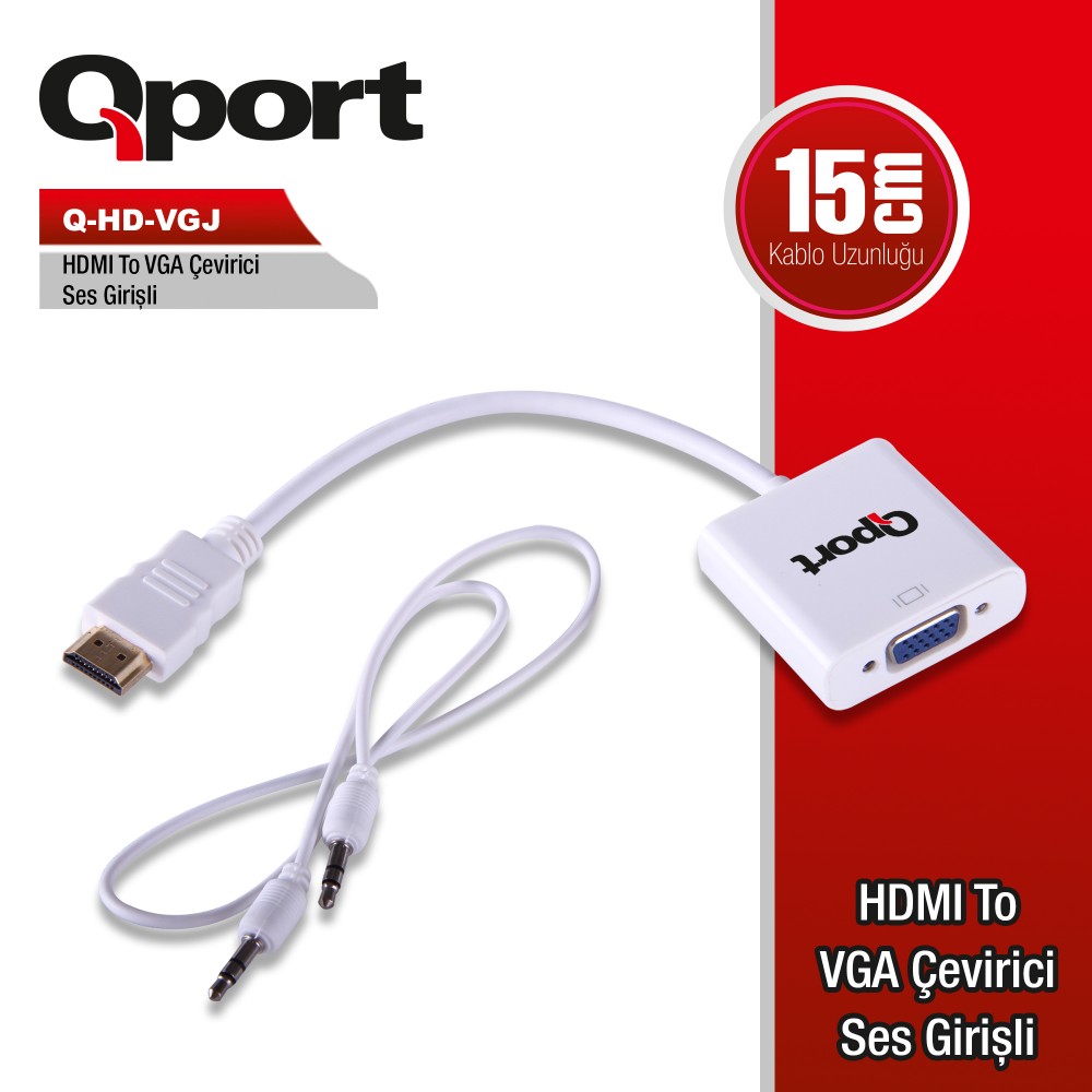 QPORT HDMI to VGA ÇEVİRİCİ SES GİRİŞİ VE KABLOSU + GÜÇ GİRİŞİ KABLOSU (Q-HD-VGJ)