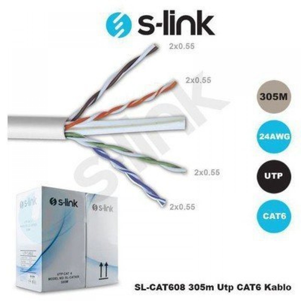 SL-CAT608-Gri / S-LINK SL-CAT608-Gri UTP CAT6 305m 24AWG 4P*0.50MM CAT6 CCA GRİ NETWORK KABLOSU