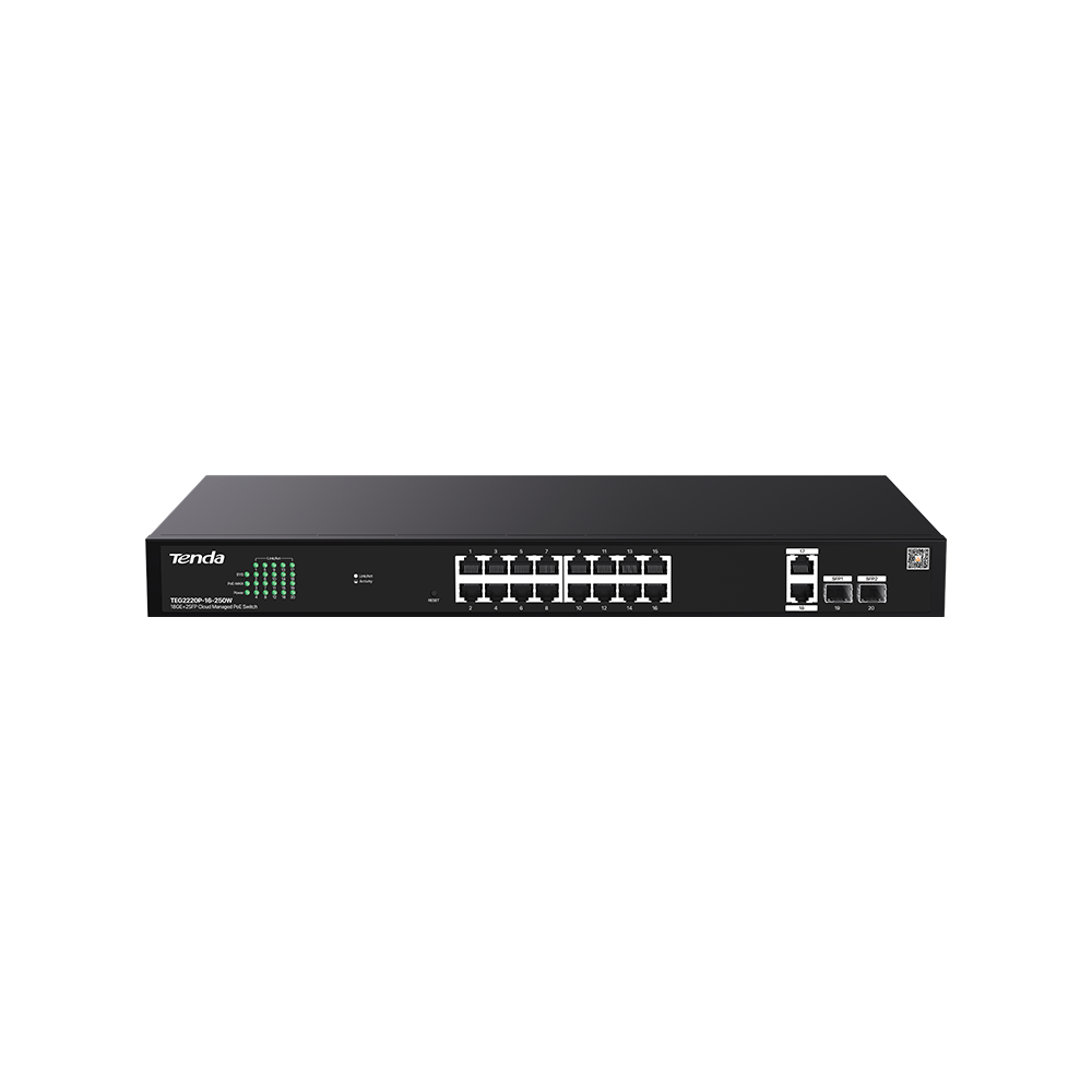 TENDA TEG2220P-16-250W 16GE PoE Port (250W), 2x Uplink, 2xSFP Cloud Yönetilebili
